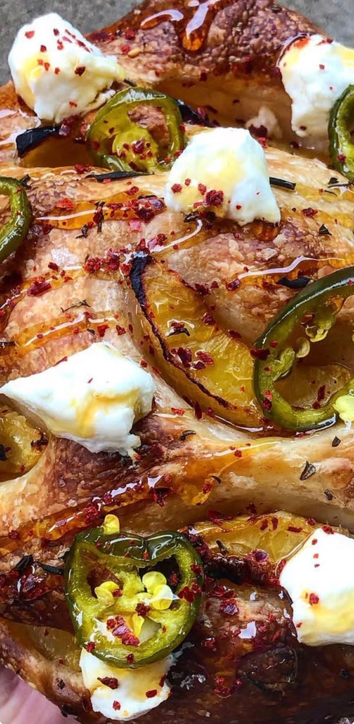 (Gluten free) Peach, feta & candied jalapeno focaccia