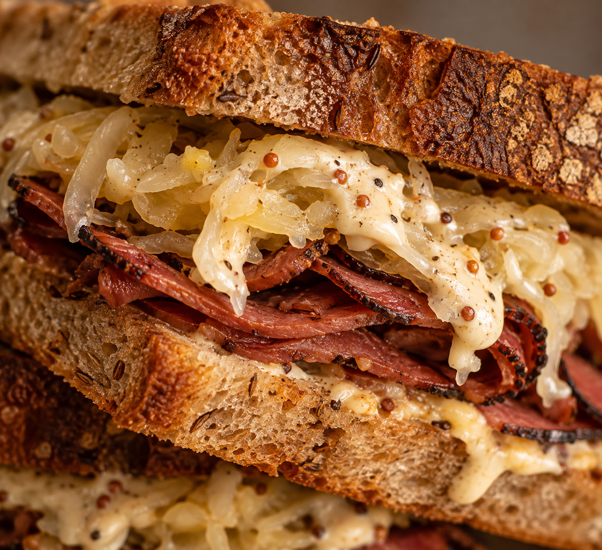 Pastrami Reuben on rye sourdough