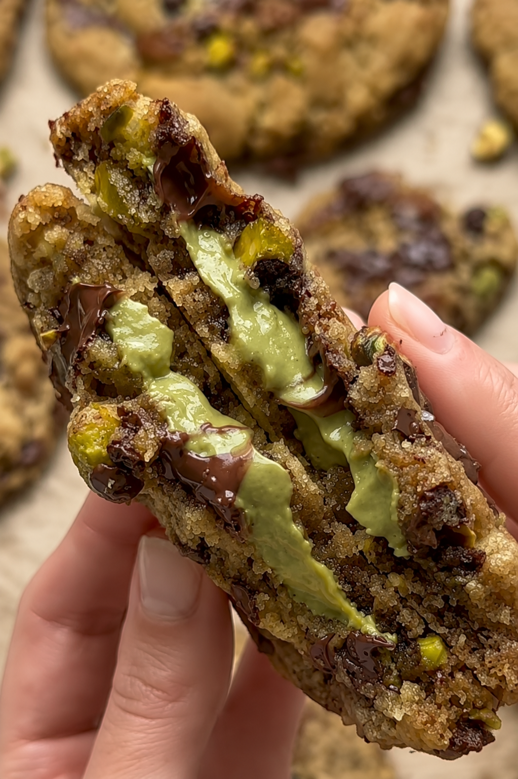 Chocolate chip cookie stuffed with pistachio crème